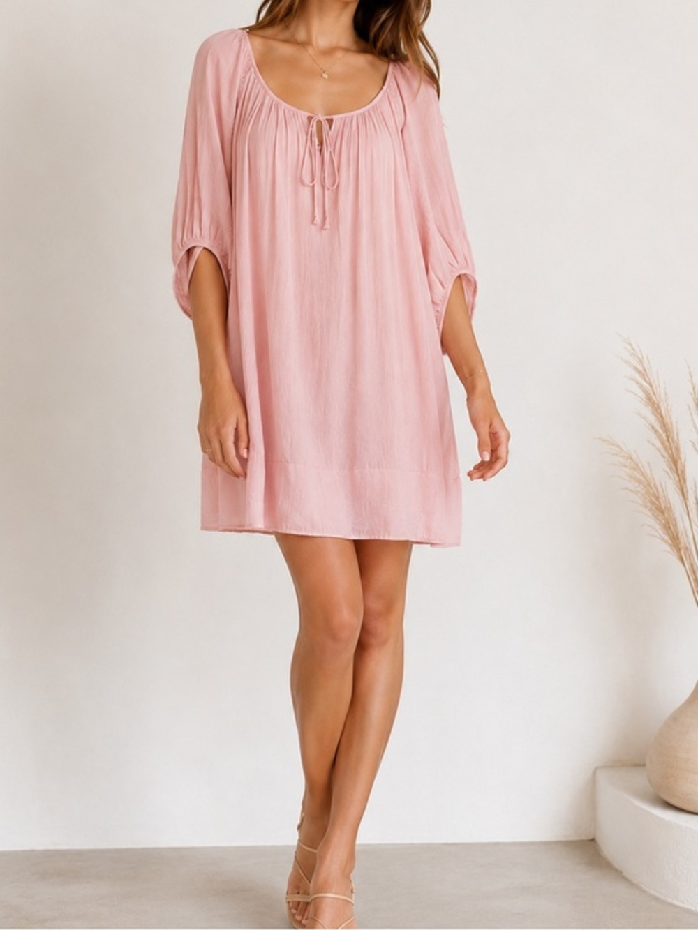 Auguste The Label Dusty Pink Sheer Puff Sleeve Boho Cottagecore Shirt Dress